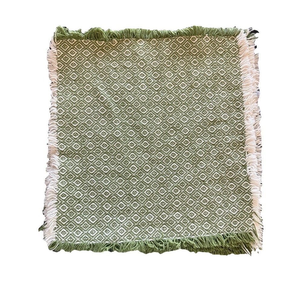 Set of 4 Vintage Woven Cotton Napkins 12" Green White Diamond Overshot Fringe